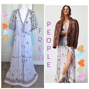 Free People Riley Embroidered Button up Maxi Dress Tassle belt  Sz Large NWOT